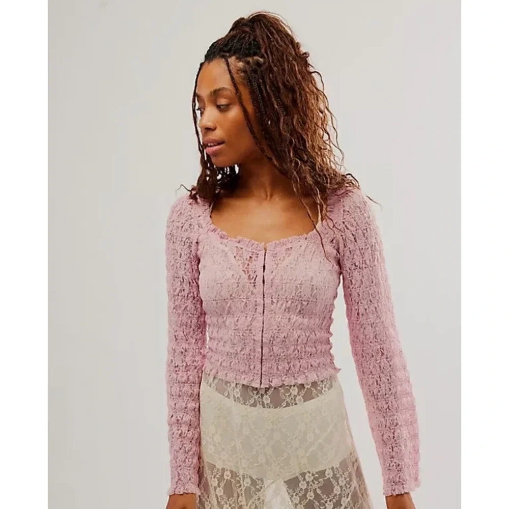 Free People FP One Madison Lace Top Pink Sheer Smocked Bell Sleeve XS‎ NWT